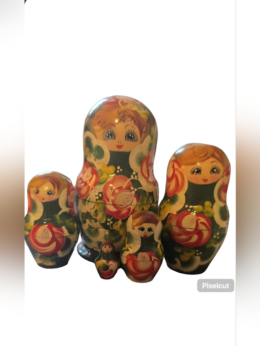 Vintage Hand-Painted Green Floral Matryoshka Nesting Dolls Set Of 5